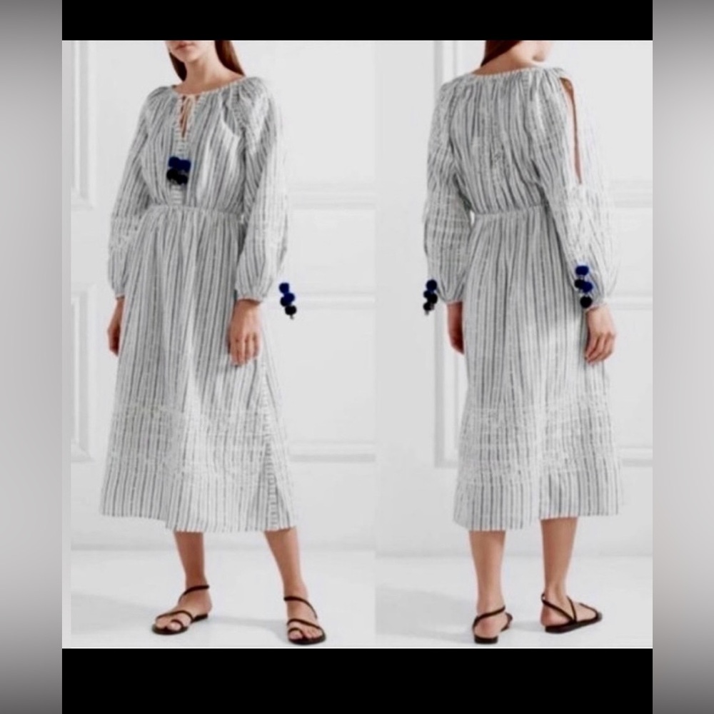 LoveShackFancy Isla Midi Dress White & Blue Striped Cotton w/ Embroidery size XS